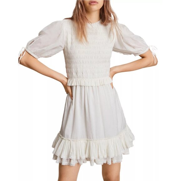 New AllSaints Jaya Smocked Ruffle Ivory Viscose Mini Dress Size 4 - Picture 2 of 12